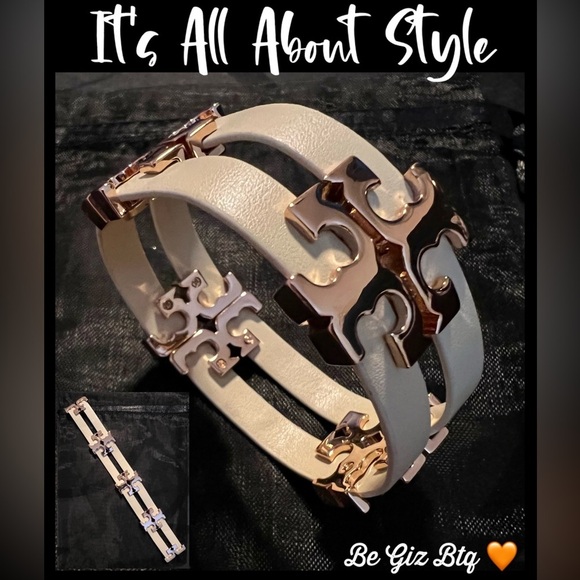 Tory Burch Authentic Serif T Stacked Leather Sand Rose Gold Wrap Bracelet - Picture 4 of 11